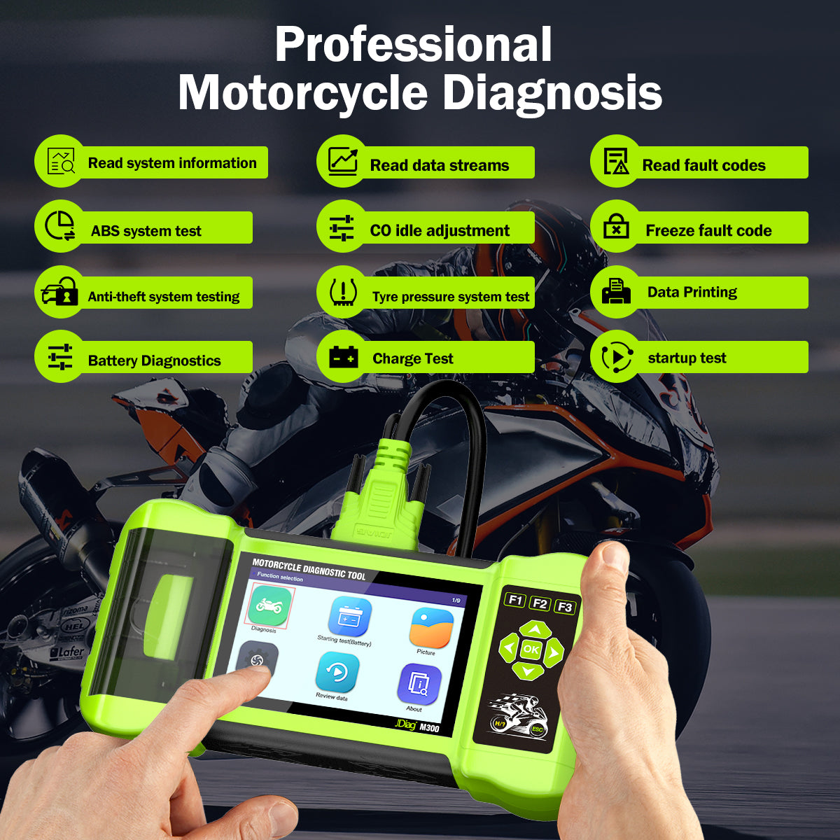 JDiag M300 Motorcycle OBD2 Scanner Battery Tester ABS Test TPMS Test Clear Fault Codes