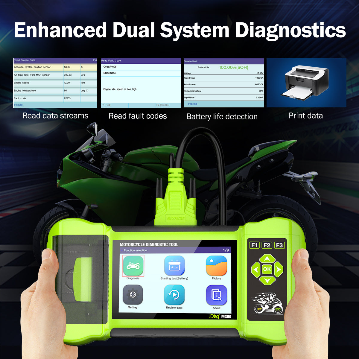 JDiag M300 Motorcycle OBD2 Scanner Battery Tester ABS Test TPMS Test Clear Fault Codes