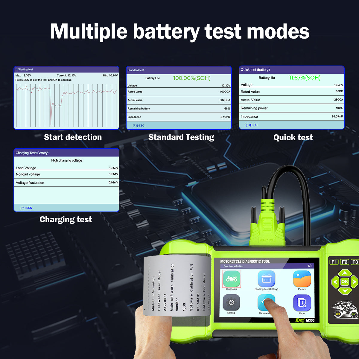 JDiag M300 Motorcycle OBD2 Scanner Battery Tester ABS Test TPMS Test Clear Fault Codes