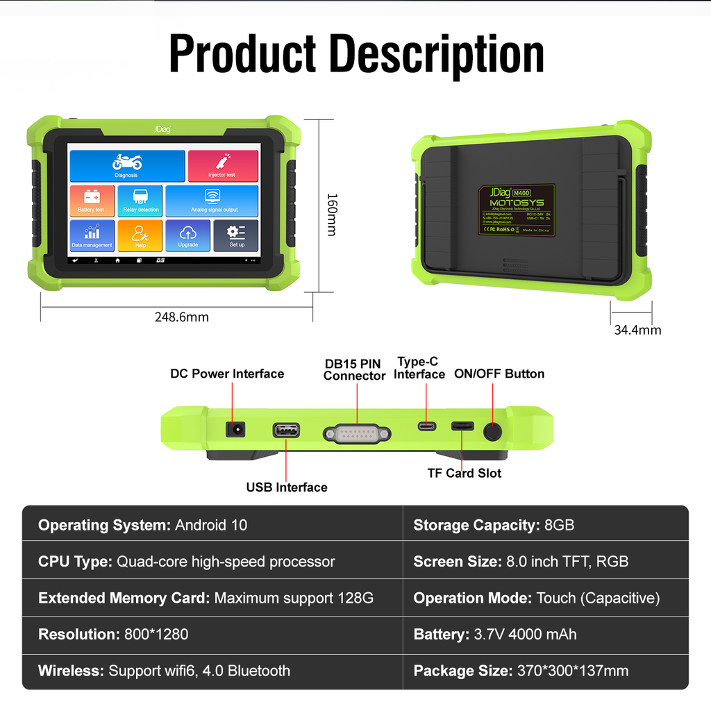 JDiag MOTOSYS M400 Universal Intelligent Motorcycle OBD2 Scanner 8.0 inch Tablet Scanner Android System