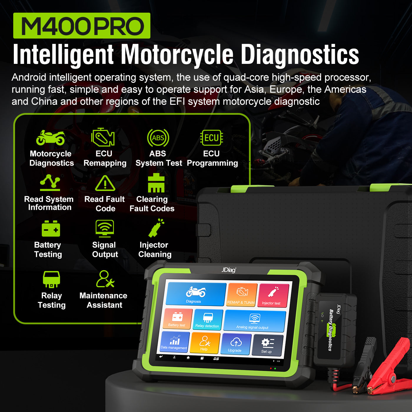 JDiag MOTOSYS M400pro Universal Smart Motorcycle OBD2 Scanner 8.0 Inch Flatbed Scanner for Android