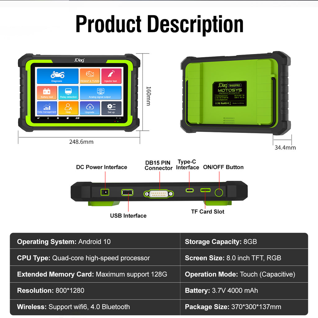 JDiag MOTOSYS M400pro Universal Smart Motorcycle OBD2 Scanner 8.0 Inch Flatbed Scanner for Android