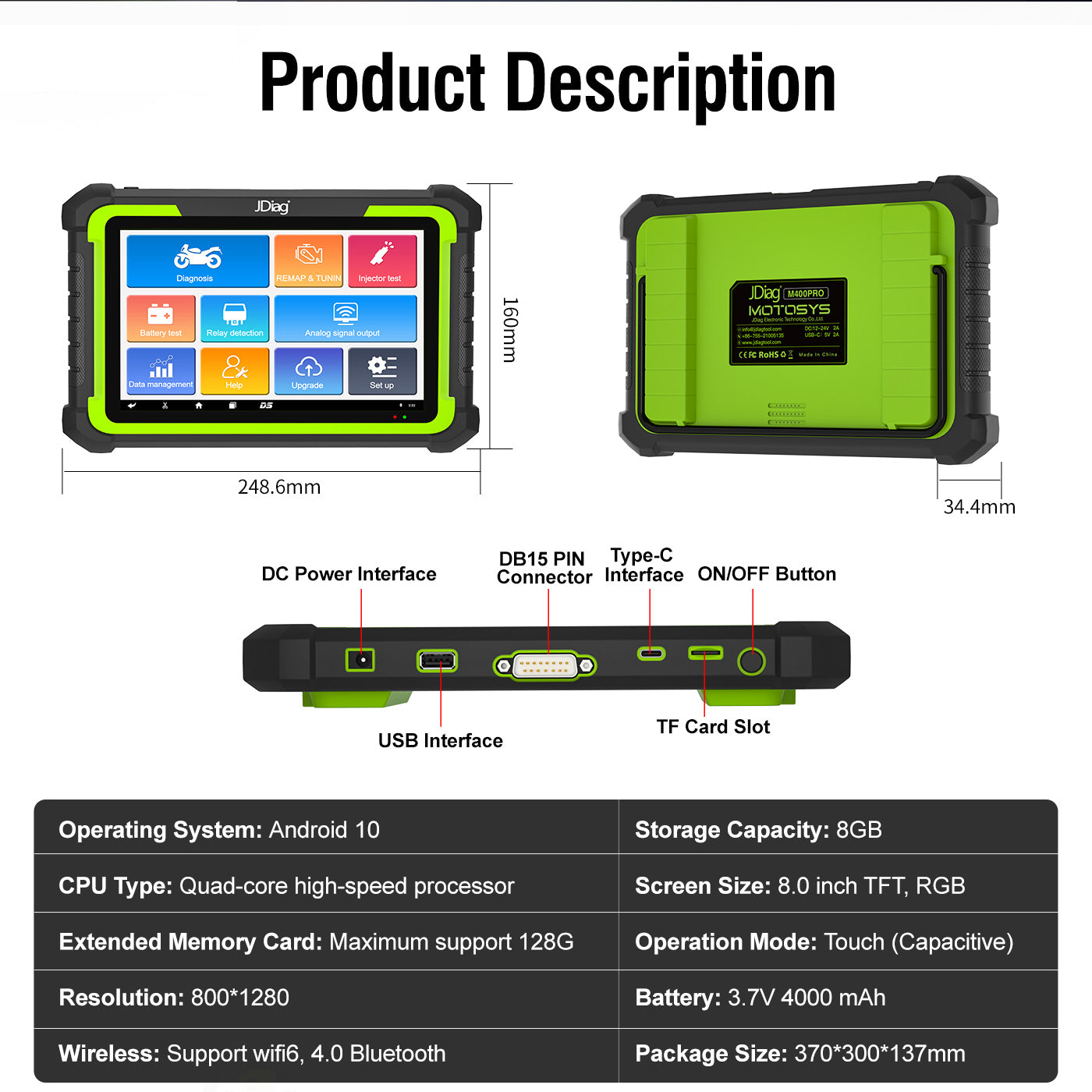 JDiag MOTOSYS M400pro Universal Smart Motorcycle OBD2 Scanner 8.0 Inch Flatbed Scanner for Android