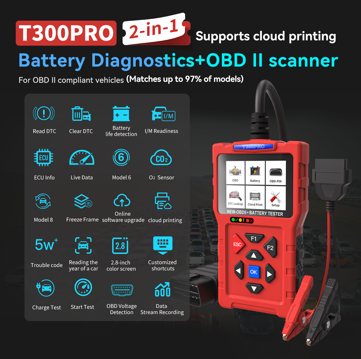 T300 PRO 2-in-1 Battery Diagnostics+OBD ll scanner