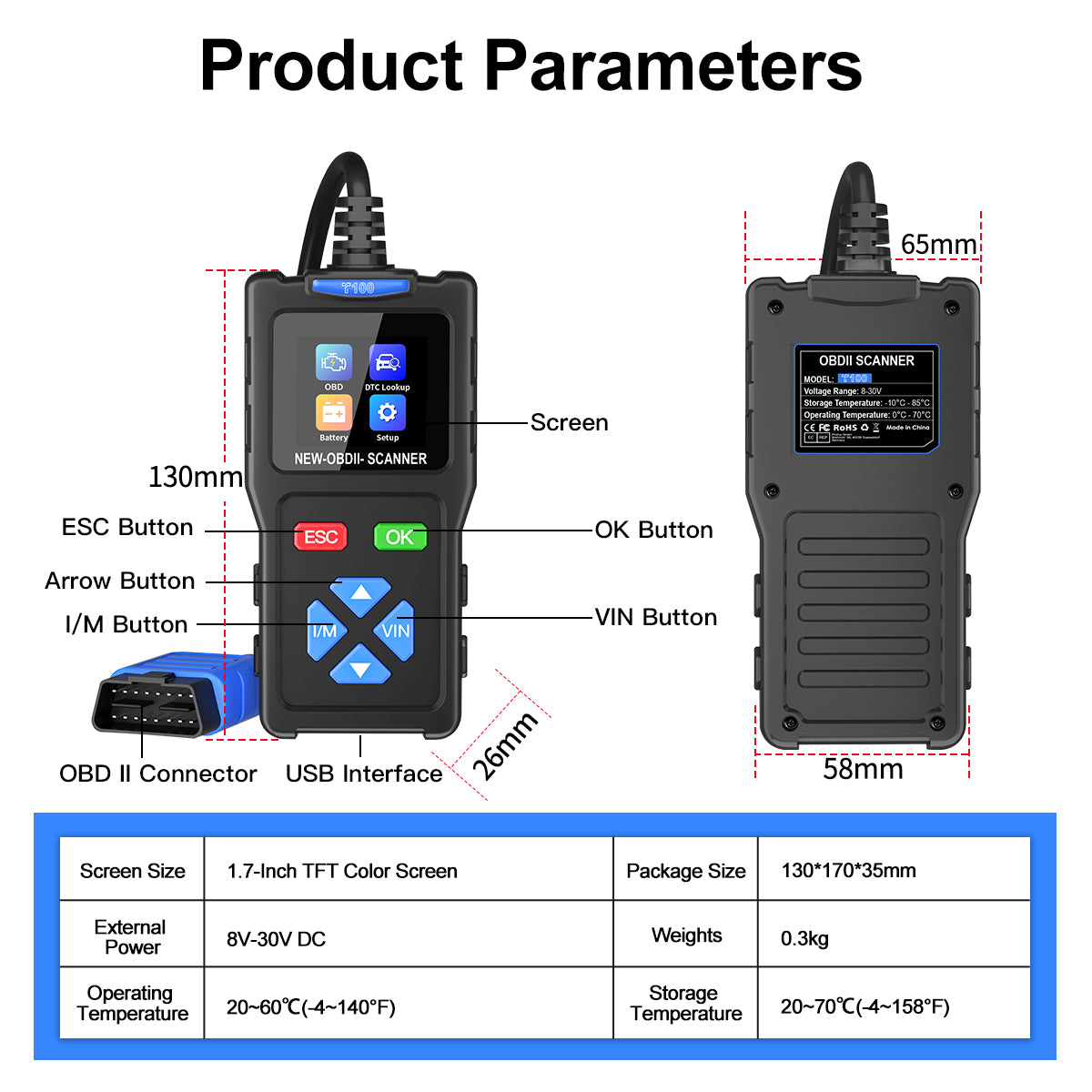 T100 OBD2 Scanner Code Reader for Car Check