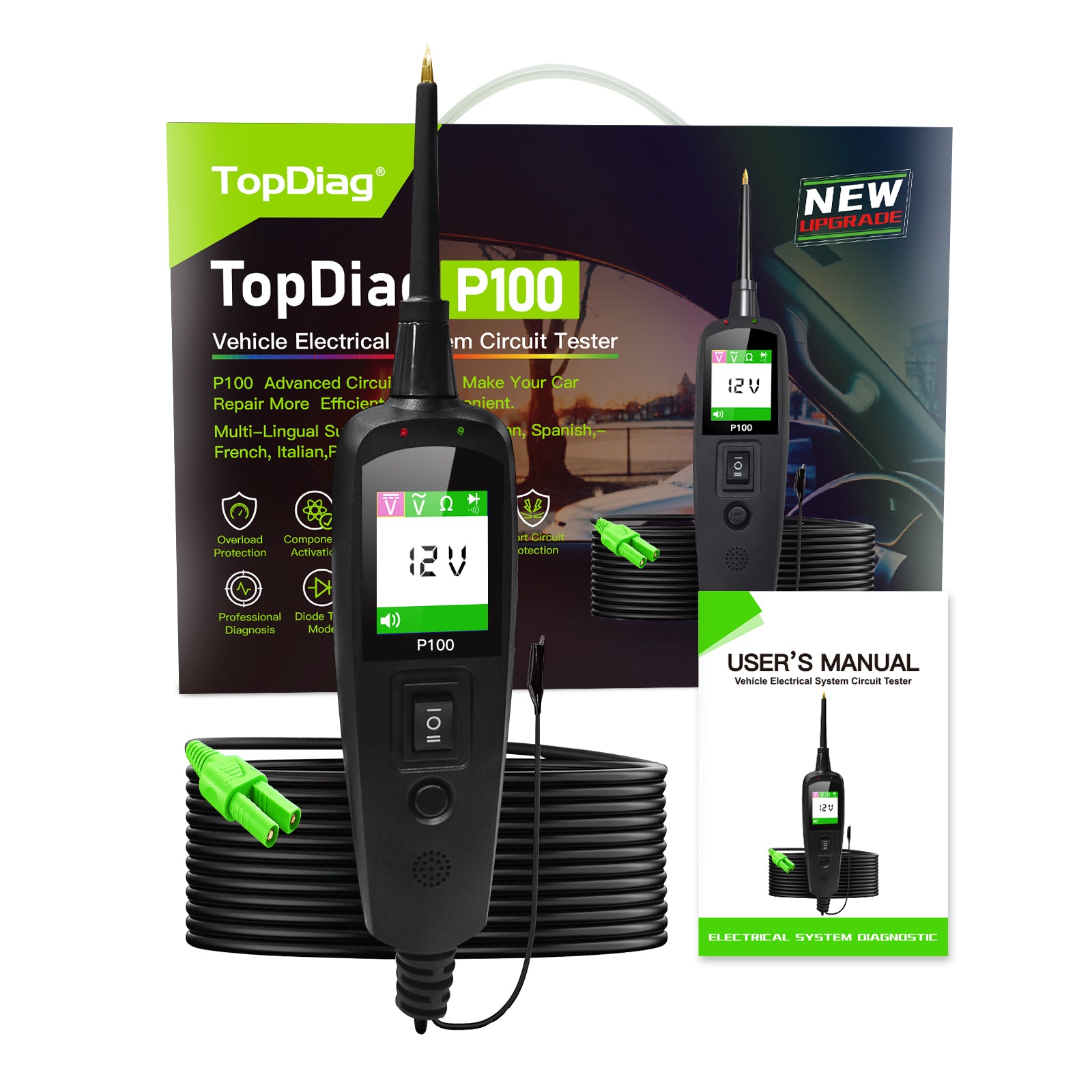 TopDiag P100 Automotive Circuit Tester, Power Probe,12V 24V, AC DC Digital Voltage Tester