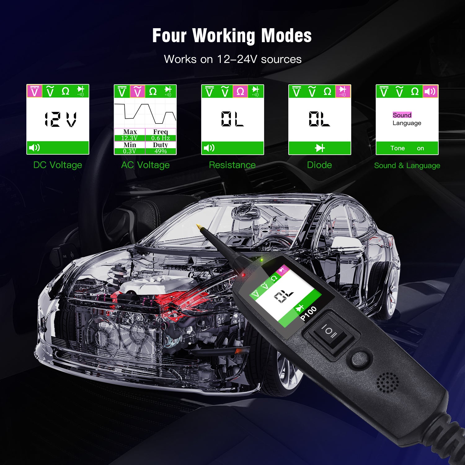 TopDiag P100 Automotive Circuit Tester, Power Probe,12V 24V, AC DC Digital Voltage Tester